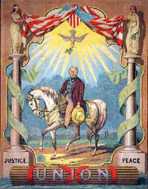Mexican War posters: Zachery Taylor (horseback). Justice, Peace, Union.