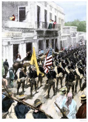 Spanish American War posters: Marching USA soldiers.