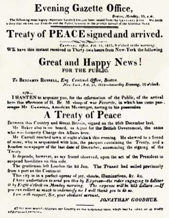 American Handbill, Treaty of Ghent, ending War of 1812.