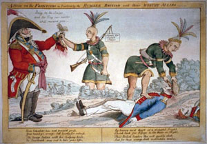 War 1812 poster: A Scene on the Frontiers as proclaimed by the Humane British and their Worthy Allies.