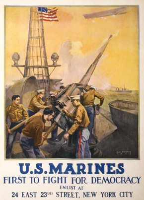 WWII Poster: U.S. Mariens First to Fight for Democracy. Enlist at 24 East 23rd Street, New York City.