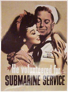 WWII Posters: He Volunteered for Submarine Service (Girl Hugging Sailor, touching his submariner's medal)