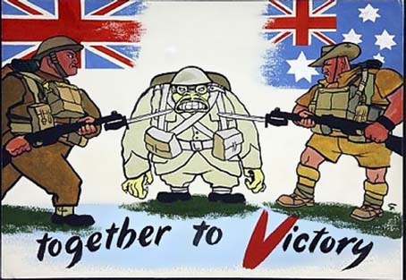 WWII Posters: Together To Vistory (Australian Soldiers capturing Japanese Monkey Soldier.