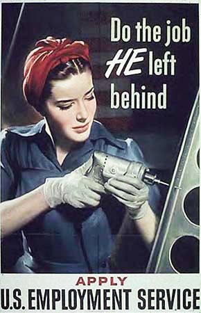 WWII Posters: Do the Job He Left behind. (Woman working in factor using drill)