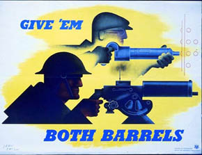 WWII Posters: Give'em Both Barrels! (Worker using Rivet Gun; Soldier firing Machinegun)