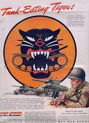 WWII Posters: Tank-Eating Tiger. Fire-Power is Our Business! (Soldier and Tiger Tanks)