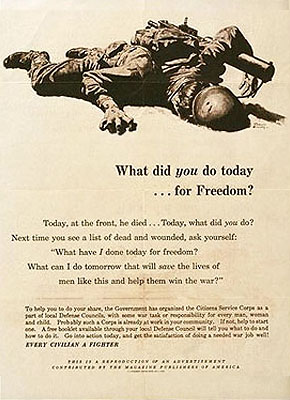 WWII Posters: What Did You Do Today ... for Freedom? (Dead soldier with machinegun, laying in sand)