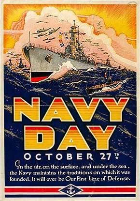 WWII Posters: Navy Day, October 27th. In the air, on the surface, and under the sea, the Navy maintains the traditions on which it was founded. It will ever be Our First Line of Defense. (Fleet under sail with escorts and overhead aircraft)