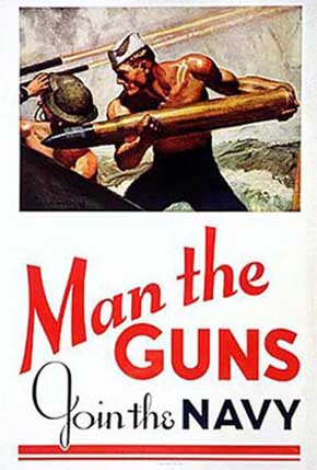 WWII Posters: Man the Guns, Join the Navy (Sailors loading anti-aircraft-artiller)