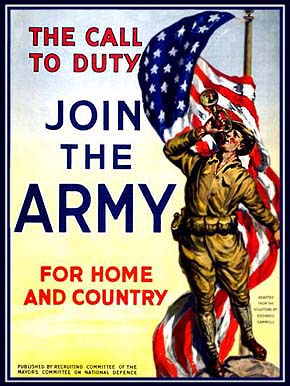 WWII Posters: The Call to Duty! Join the Army for Home and Country! (Bugler wrapped in Flag)