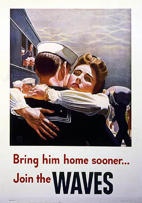 WWII Posters: Bring Him Home sooner...Join the Waves (Woman hugging departing sailor)