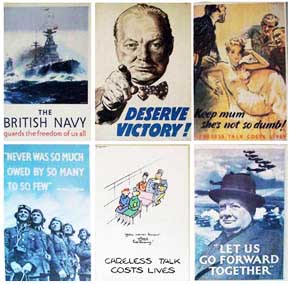 WWII Posters: The British Navy; Deserve Victory; Keep Mum!; Never So Much...; Carless Talk Costs Lives; Let Us Go Forward Together - Churchill.