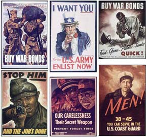 WWII Posters: Buy War Bonds; I Want You, U.S. Army, Enlist Now; Stop Him (Japanese Soldier) And the Job's Done!; Our Carelessness, their secret weapon; Men 38-45 You Can Serve in the U.S. Coast Guard.