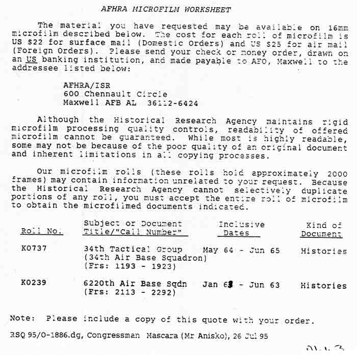 Department of the Air Force, Microfilm Reference: 34th ABS; 6220th ABS.