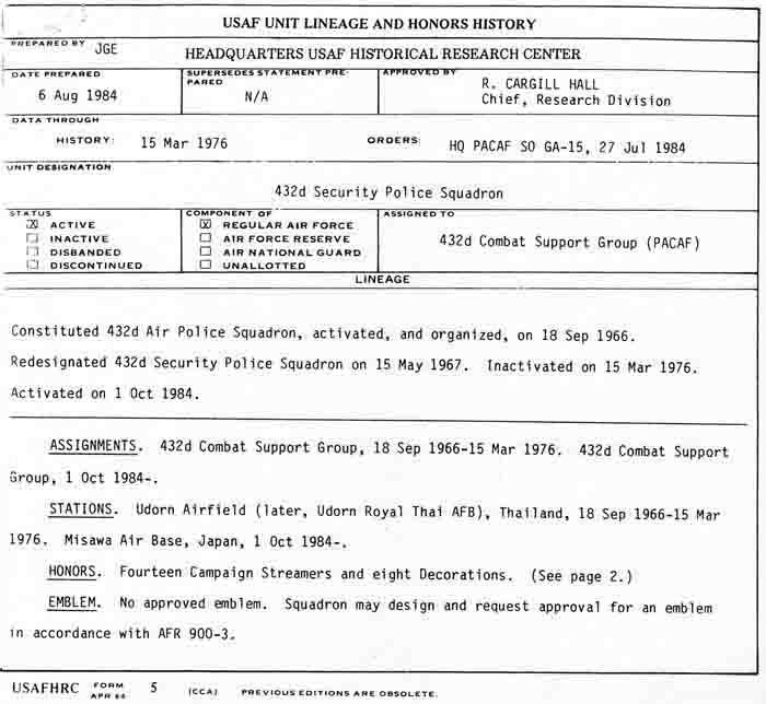 432d SPS USAF Unit Lineage and Honors History