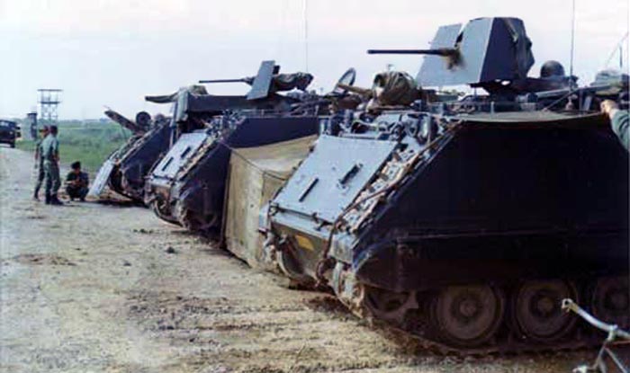 4. Ban Mê Thuột, Coryell Air Field. M113s, with Tower in the left-background. 1968. Photo by: Barry A. McClean, LM 69, TK, 355th SPS; BMT, PR, TUY, 822nd CSPS. 1967-1969.