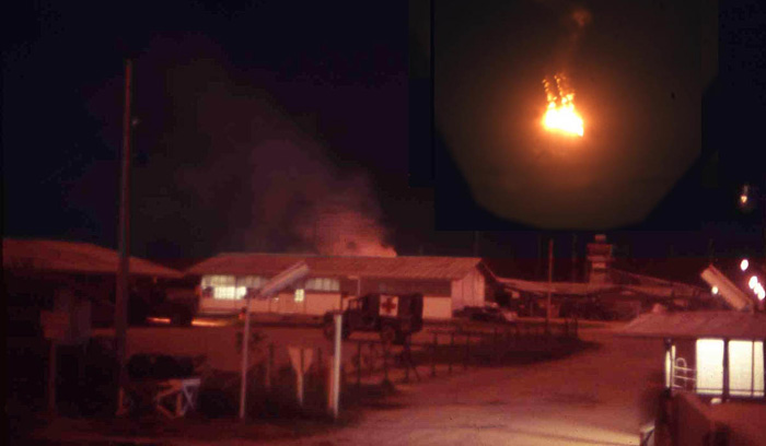 Bien Thuy Air Base, mortar attack. Flares light the base. Ambulance races to call. MSgt Summerfield, 1968: 21