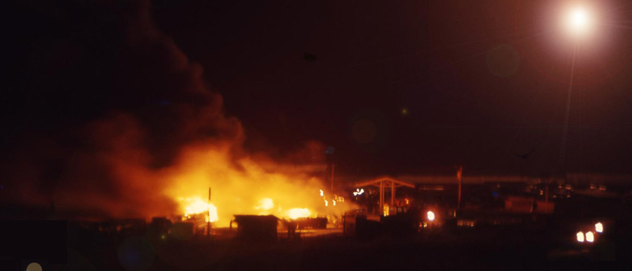 Bien Thuy Air Base mortar-attack strikes POL tanks, pump canopy, and barracks area.QRT continues searche for intruders or casualties. MSgt Summerfield, 1968: 26