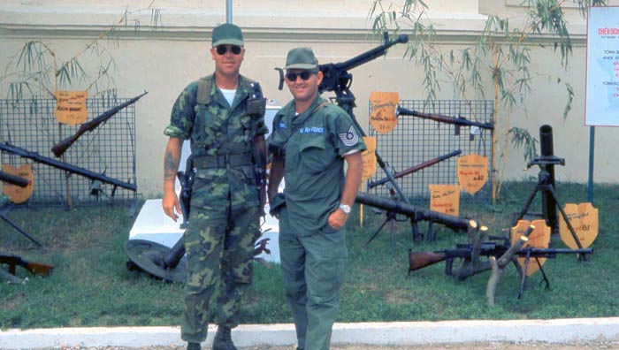 Bien Thuy Air Base, Captured VC weapons and mortars. MSgt Summerfield, 1968: 01