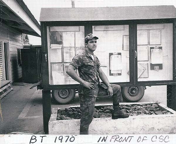 1. BT Air Base: Sgt Jaime (LQ) in front of CSC. Photo by Jaime Lleras. 1970.