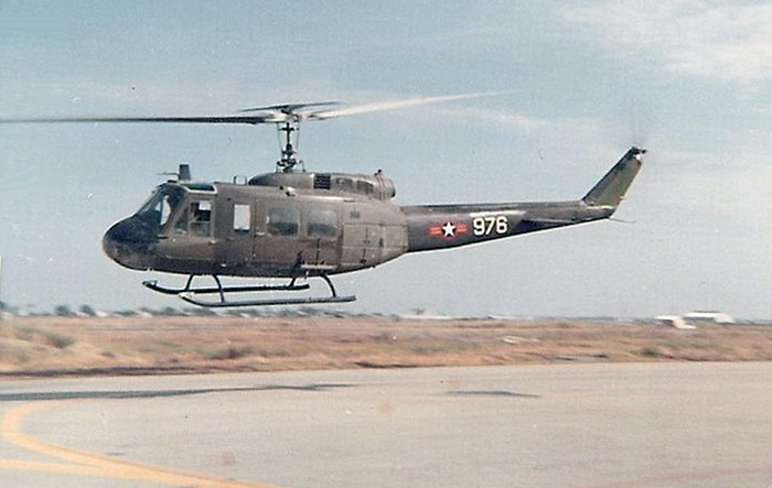12. BT Air Base: Huey chopper landing. Photo by Jaime Lleras. 1970.