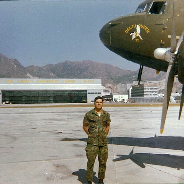 15. BT Air Base: Jaime in front of the Delta Queen, Base Commander’s bird. Photo by Jaime Lleras. 1970.