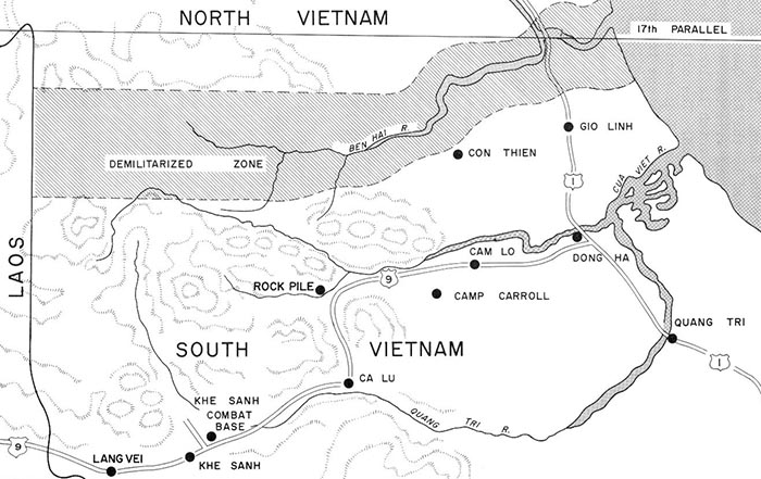 Camp Carroll is located just south of Highway 9, and about 12 miles west of Đông Hà.