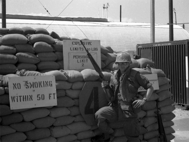 17. Cam Ranh Bay AB. US NAVY Tower, damaged from Rocket hit, 1970. Sailor Tower Guard was KIA. Jim Randall is posting a memorial page, having discovered the name of the sailor. Photo by: Jim Randall, LM 69, CRB, 483rd SPS, 1970.