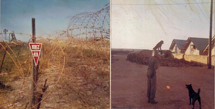 3. Đông Hà Air Base, Perimeter concertina wire rows and mine field. Hooches and sandbag bunker. SP, Monkey, and dog.