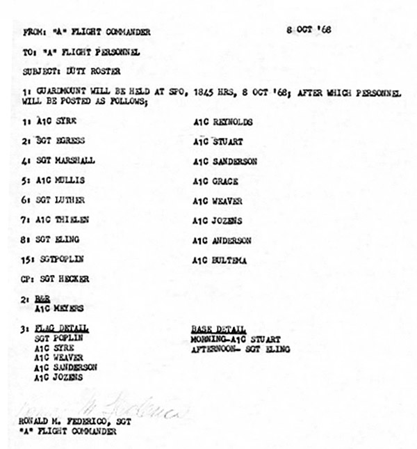 30. Đông Hà Air Field: A-Flight Duty Roster, 8 October 1968.