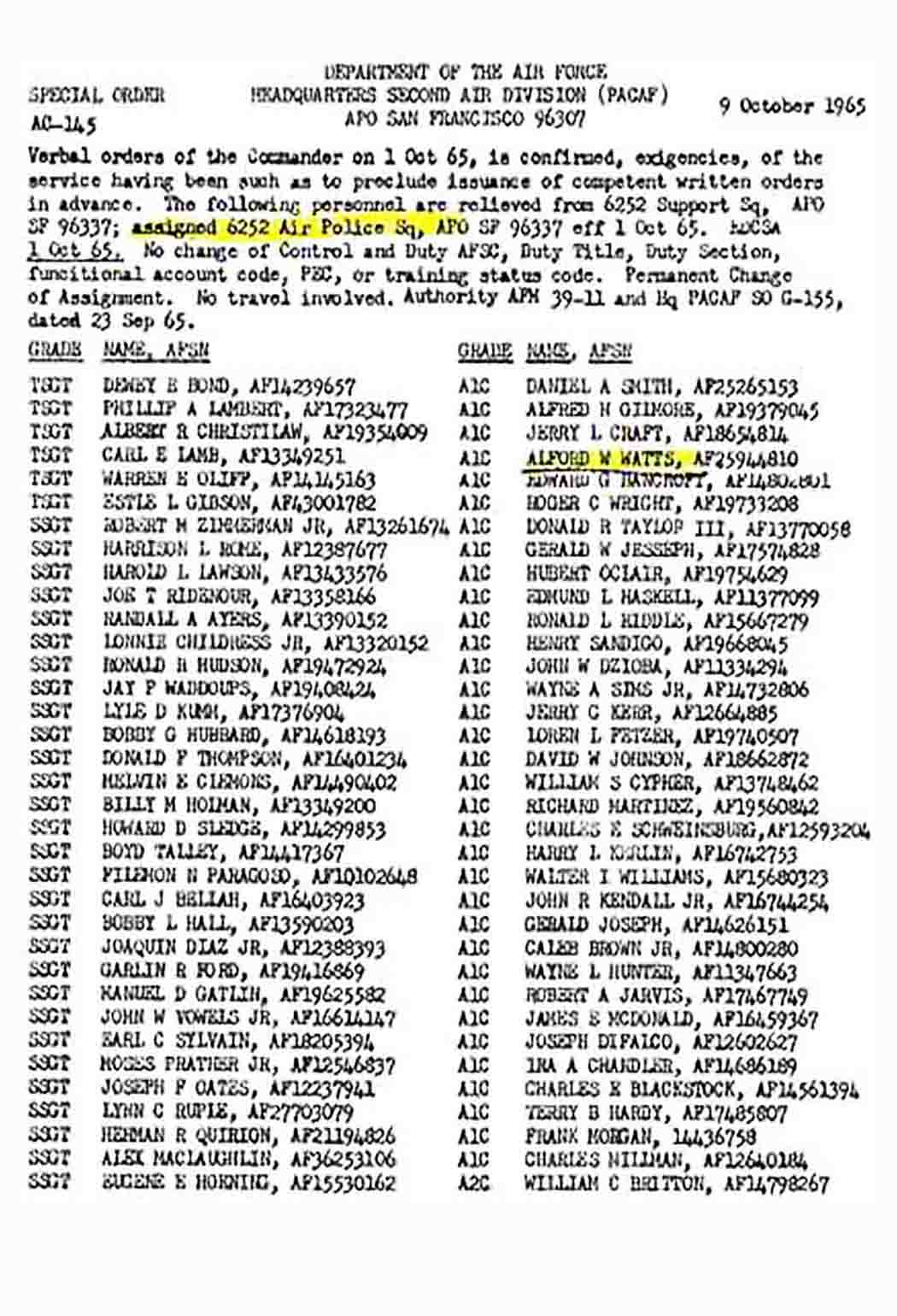DOAF: SO AC-145, P-1, 1 Oct 1965. 6252 APS.