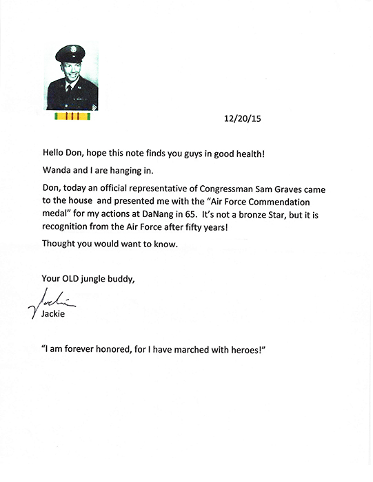 Letter from Jackie Kays to Don Poss, 20 Dec 2015.