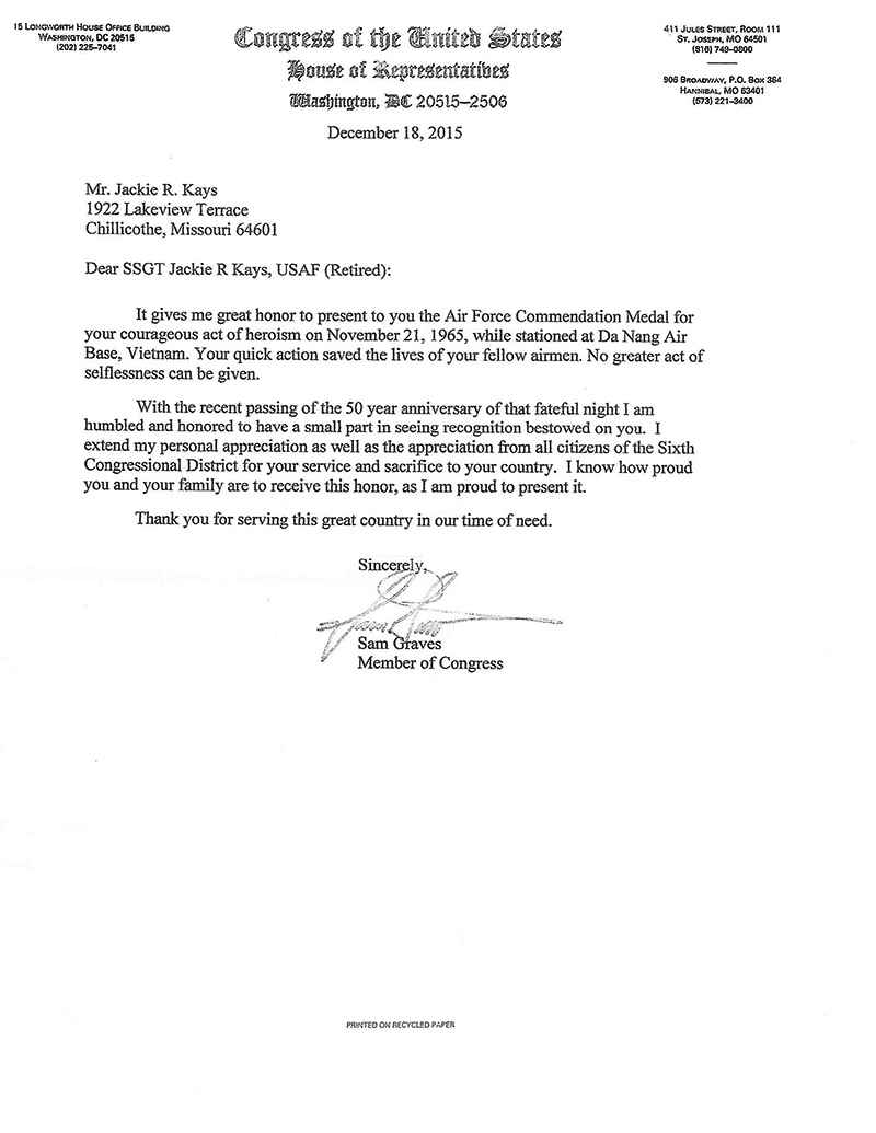 Letter from Congressman Sam Graves to Jackie Kays, 18 Dec 2015.