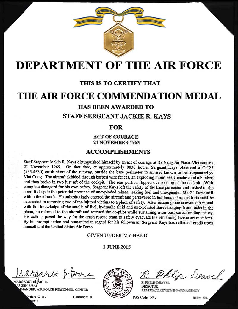 Air Force Commendation Medal awarded to Jackie Kays, signed by Margaret B. Poore, Maj Gen, USAF.
