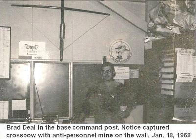 Đà Nẵng Air Base, SVN: USAF, 366th Security Police Squadron CSC, command post. Notice photo with captured crossbow and anti-personnel mine on the wall. Jan. 18, 1968. © 2011 by Bradford K. Deal