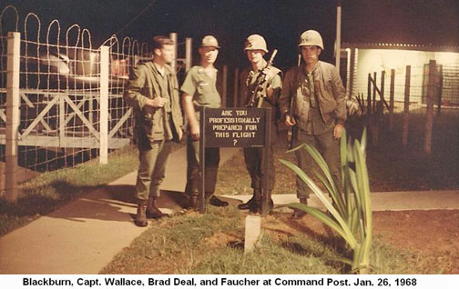 Đà Nẵng Air Base, SVN: USAF 366th SPS, CSC: Blackburn, Capt. Wallace, Brad Deal and Faucher at Command Post, Jan. 26, 1968. Sign posted: Are You Professionally Prepared for this Flight?
