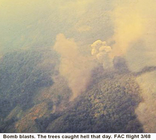 Đà Nẵng Air Base, SVN: USAF FAC flight calls in airstrike from fast-movers. Photo: Bomb blasts jungle. Trees caught hell that day. Mar. 1968