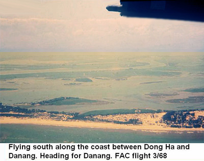 Đà Nẵng Air Base, SVN: USAF FAC flight along coast of SVN, S/B, between Đông Hà and Đà Nẵng, heading for Đà Nẵng Air Base.  Mar. 1968. © 2011 by Bradford K. Deal