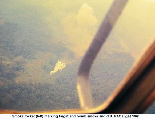 Đà Nẵng Air Base, SVN: USAF O2E FAC flight marking target. Note bomb smoke and dirt debris. Mar. 1968. © 2011 by Bradford K. Deal