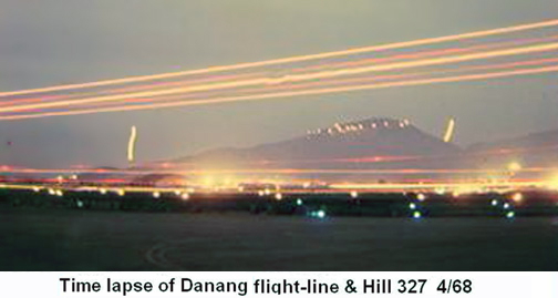 Đà Nẵng Air Base, SVN: USAF, time-lapse photo of Đà Nẵng Air Base runway take-offs. Freedom Hilll 327 in background.