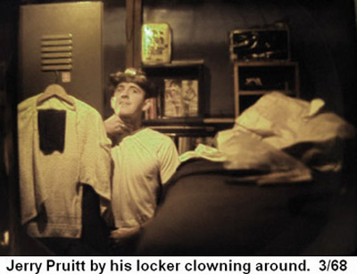 Đà Nẵng Air Base, SVN: USAF Jerry Pruitt by his hut locker, clowning around. Mar. 1968.