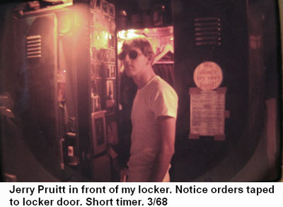 Đà Nẵng Air Base, SVN: USAF Jerry Pruitt, in front of my hut locker. Notice the Orders taped to locker dorr. SHORT-Timer. Mar. 1968. © 2011 by Bradford K. Deal