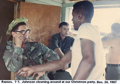 Đà Nẵng Air Base, SVN: USAF Ramos and Johnson, clowning around at Christmas party, Dec. 24, 1967.