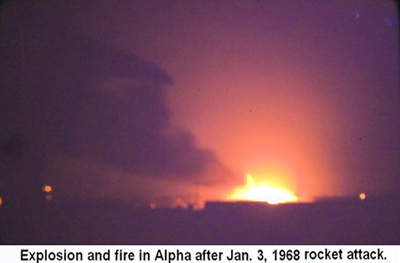 Đà Nẵng Air Base, SVN: USAF. Rocket Attack, explosions and fire in Alpha Area. Jan 3, 1968.