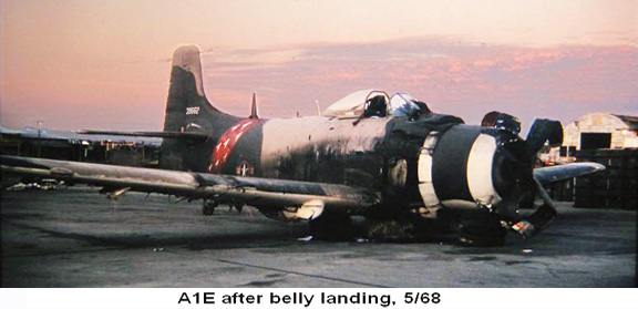 Đà Nẵng Air Base, SVN: USAF, A1E Spad after successful belly landing. May 1968.
