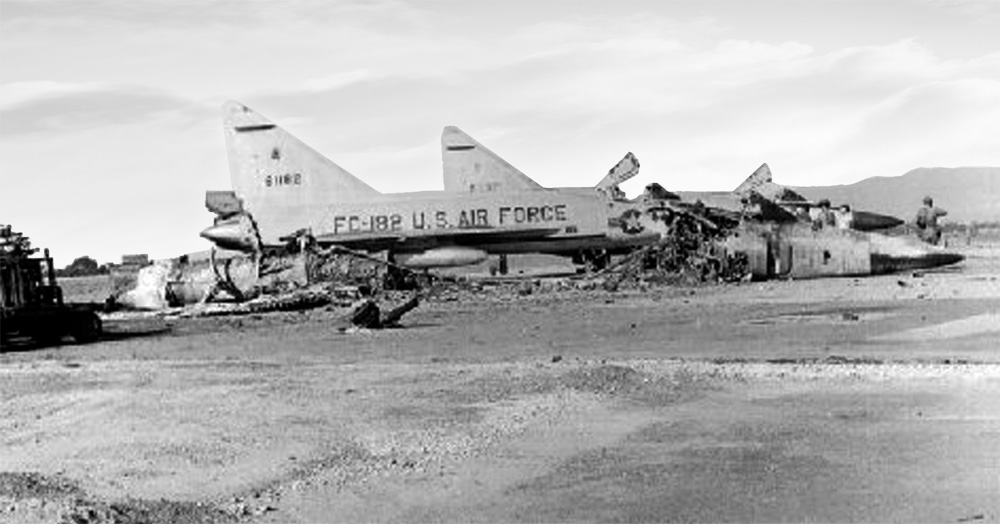 Da Nang Air Base: F-102 aircraft parked in revetments South end of parking ramp, were destroyed in Sapper Attack, 1 July 1965.