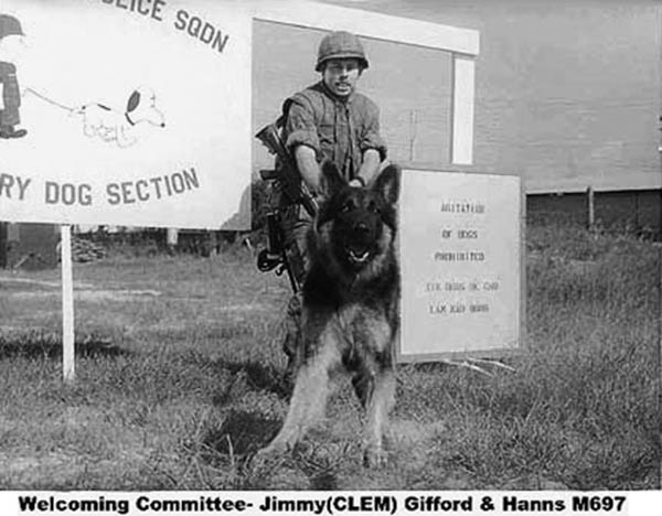 1. Đà Nẵng Air Base: 366th SPS K-9, Welcoming Committee, Jimmy (CLEM) Gifford and Hanns, M697. Photo by James W. Gifford Jr., 1968-1969.