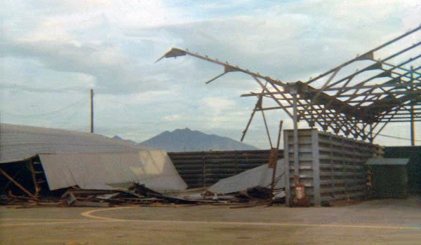5. Đà Nẵng Air Base: 366th SPS, flight line Hangar, after rocket attack. Photo by Konrad F. Kottke, 1971-1972