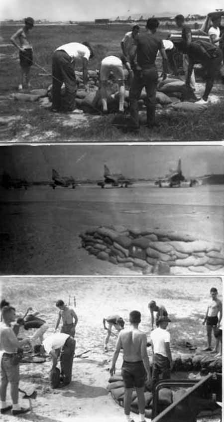17. Đà Nẵng AB, K-9 Airmen constructing K-9 fighting-holes and buners. 1965-1966.Top Photo: Gary Knutson (Standing, second from right, white-tshirt).Bottom Photo: (Standing, far-right side with black shorts on) Kingsley. Don Poss (Standing without shirt, near airmen bent over lifting a sandbag). Photo by: Lee Miller, DN, 23rd ABG/APS; 6252nd APS; 35th APS; 366th SPS K9.