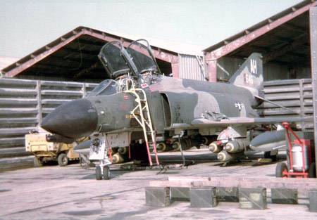 26. Fightline. Revetment. F-4 Phantom, bomb loading.